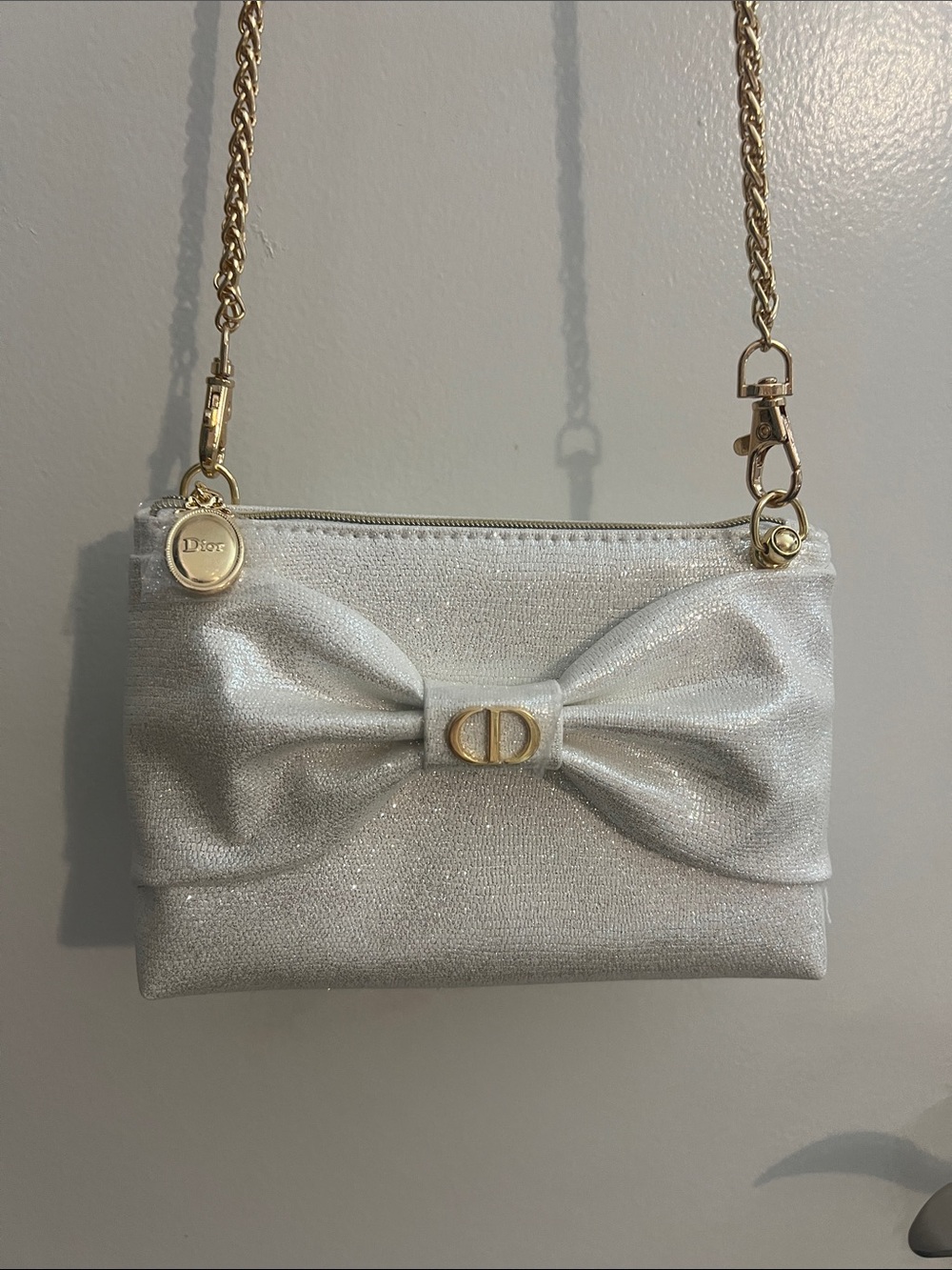 Dior Shimmery White Bow Shoulder Clutch with Gold Chain